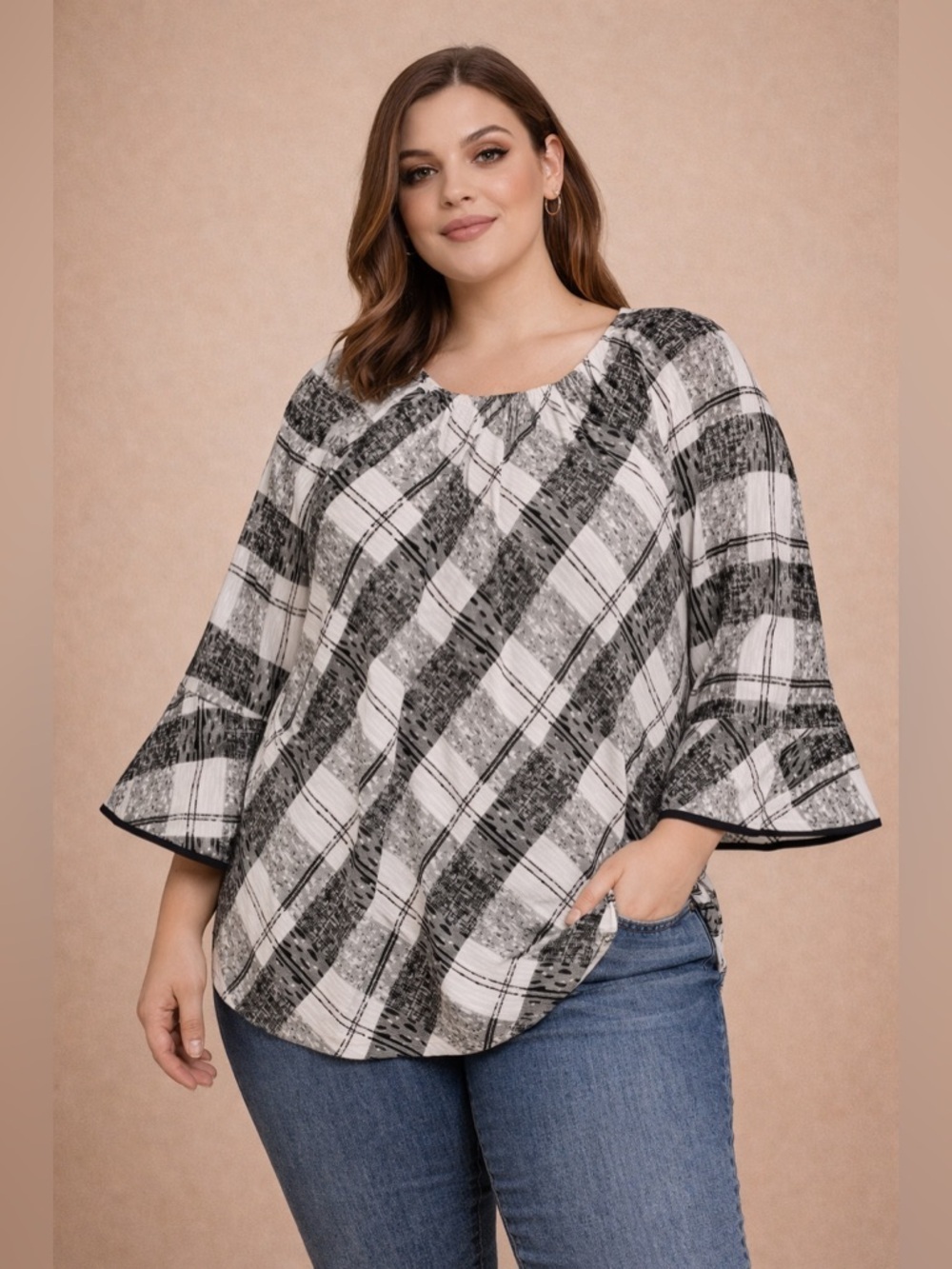 Adele & May Woman 2X Plaid Top Black White Bell Sleeve Blouse